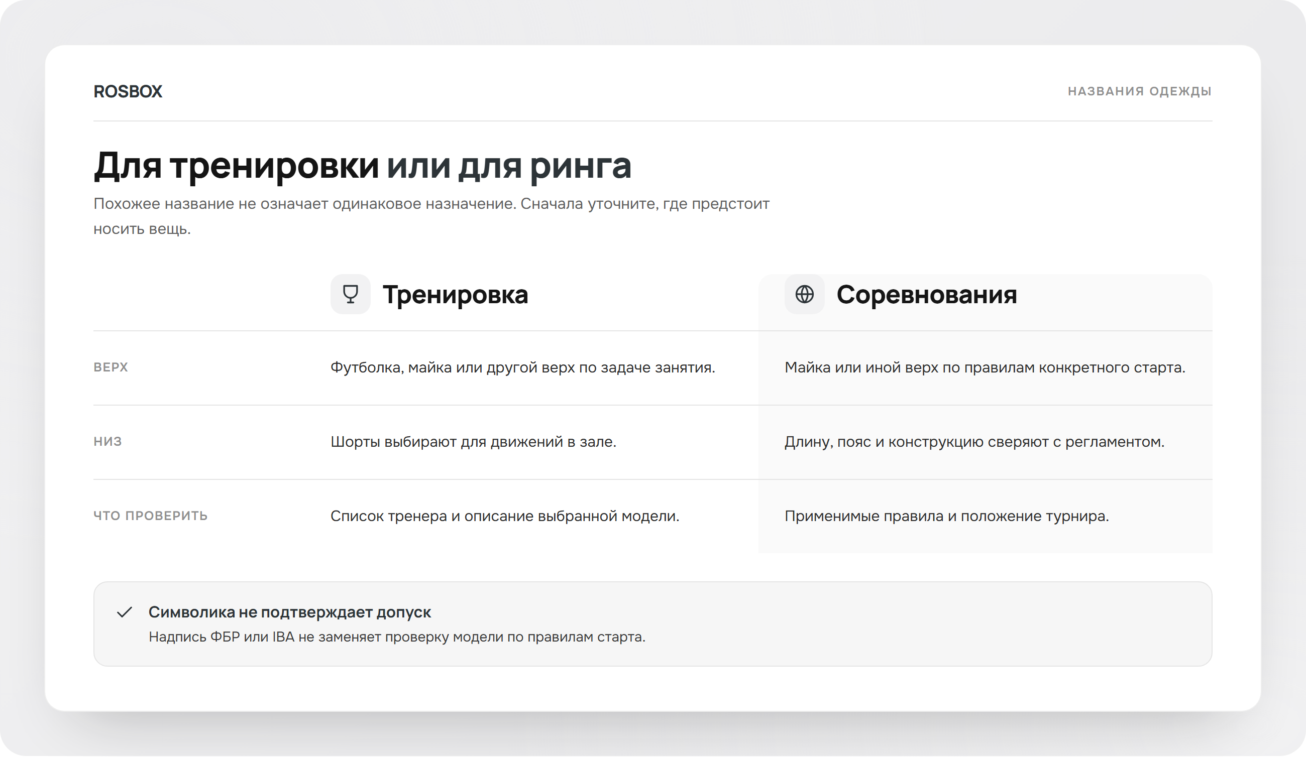 Одежда для тренировки и форма для ринга: различия, схема ROSBOX